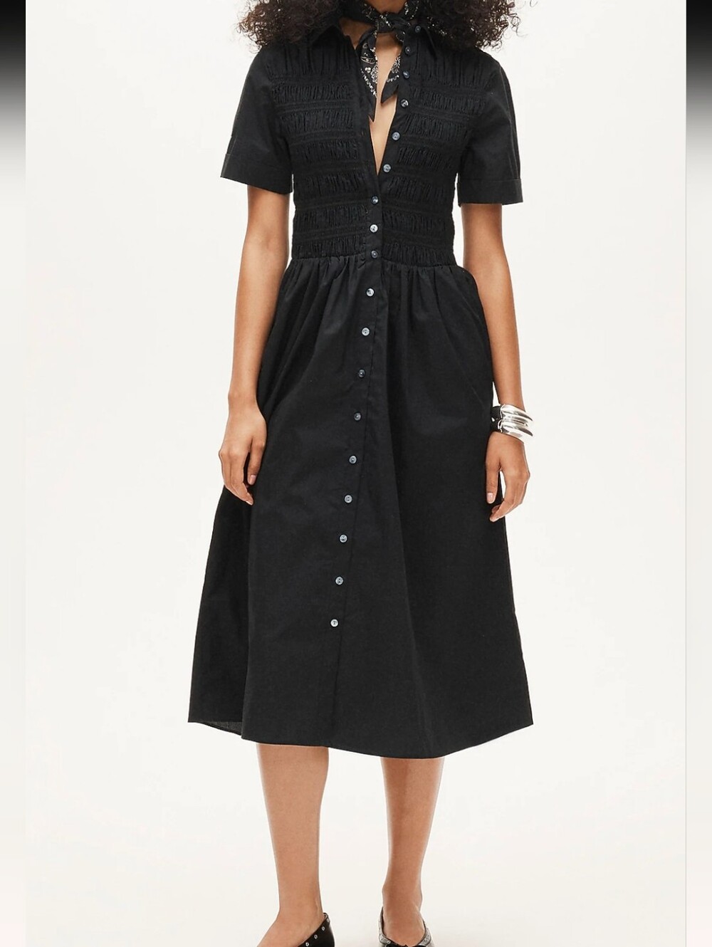 J. Crew Black Smocked Bodice Button-Front Midi Dress Size Xs